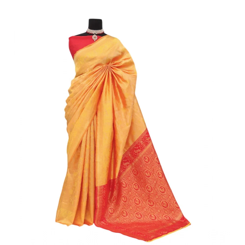 Women's Banarasi Printed Saree With Unstitched Blouse 5.5Mtr (Yellow)