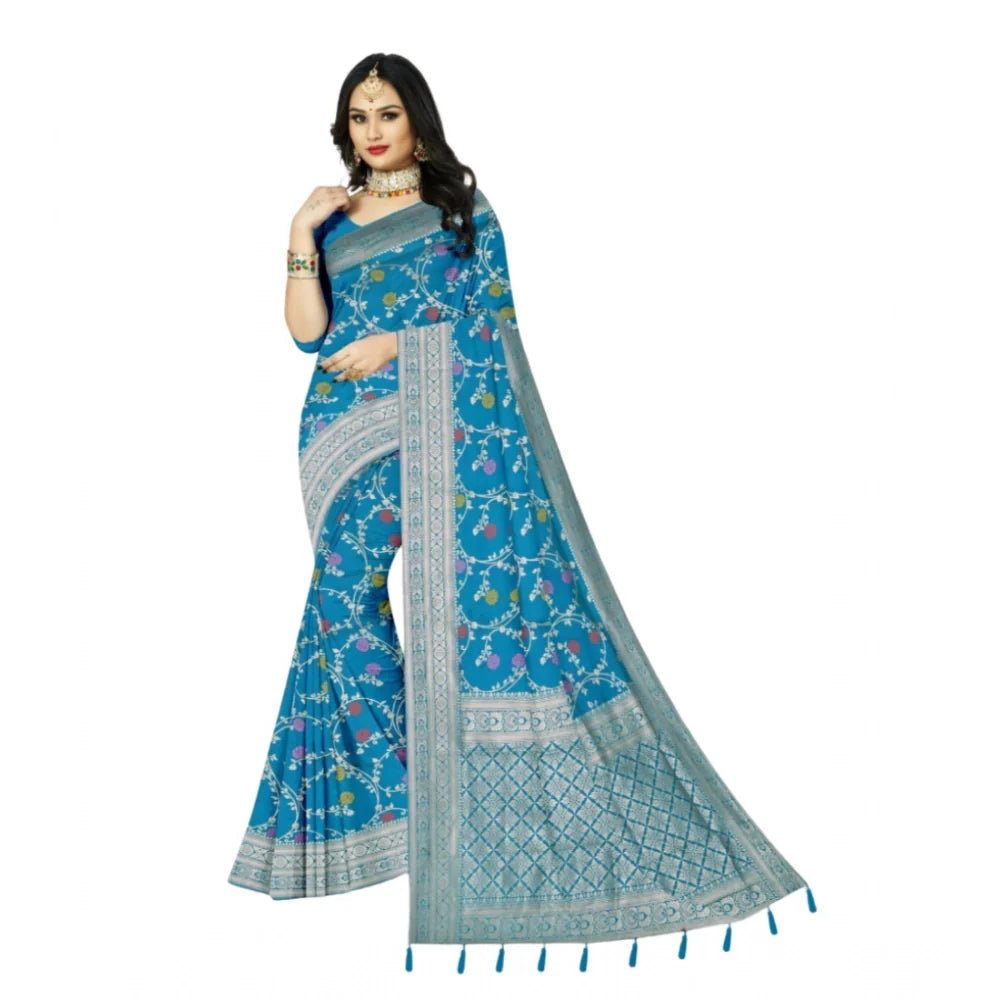 Women's Banarasi Printed Saree With Unstitched Blouse 5.5Mtr (Aqua Blue)
