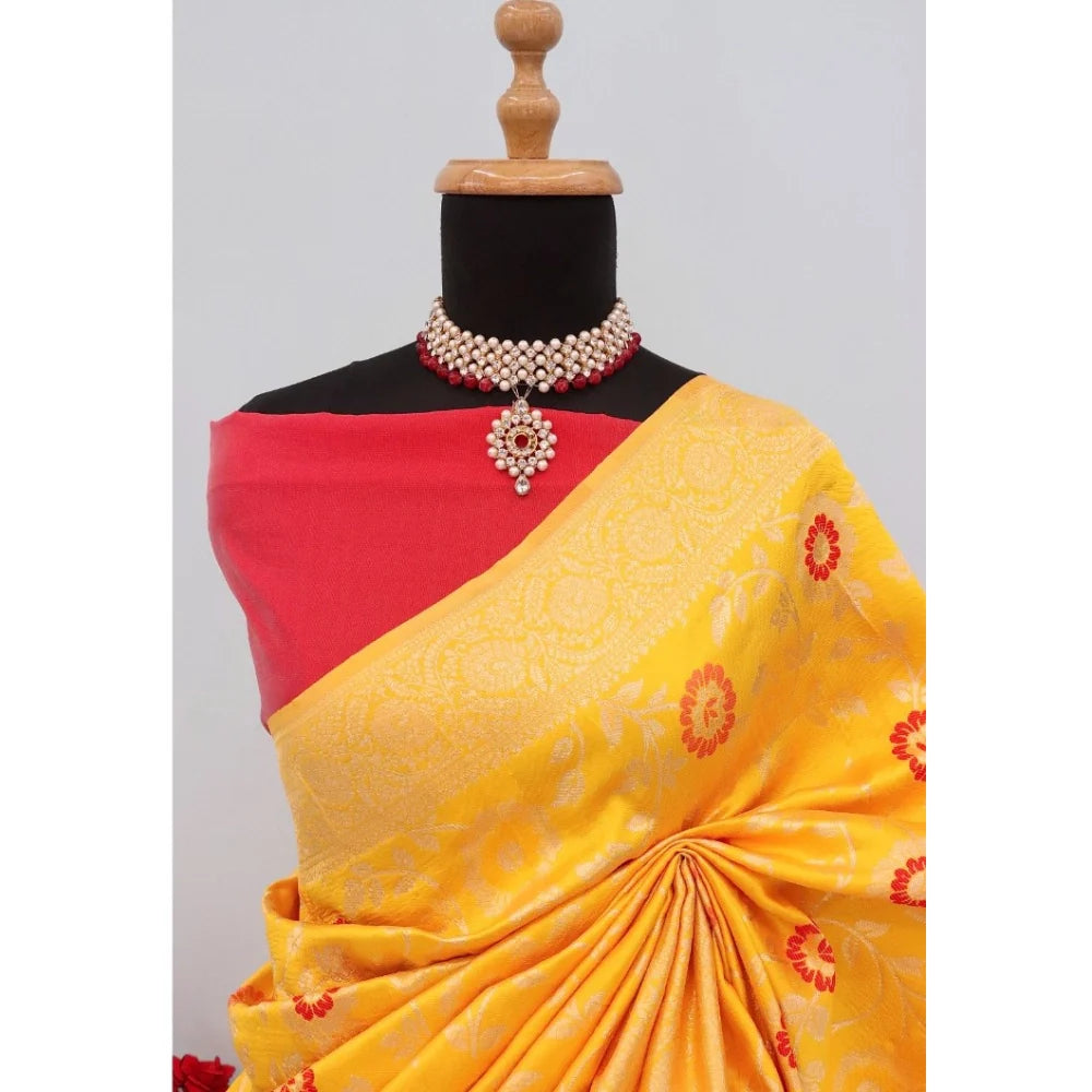 Women's Banarasi Printed Saree With Unstitched Blouse 5.5Mtr (Yellow)