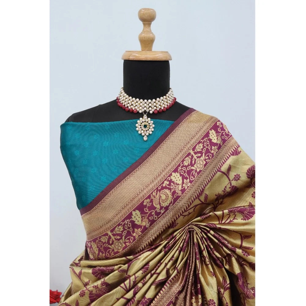Women's Banarasi Printed Saree With Unstitched Blouse 5.5Mtr (Golden)