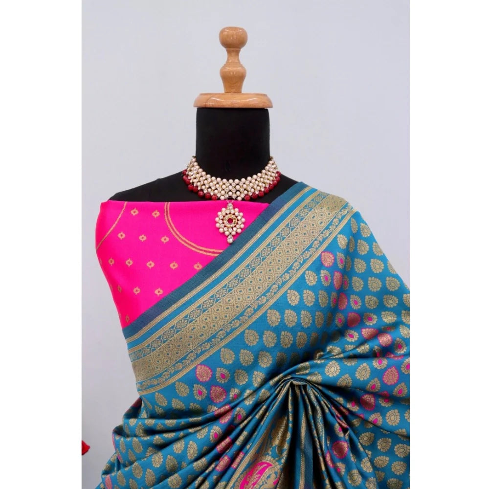 Women's Banarasi Printed Saree With Unstitched Blouse 5.5Mtr (Aqua Blue)