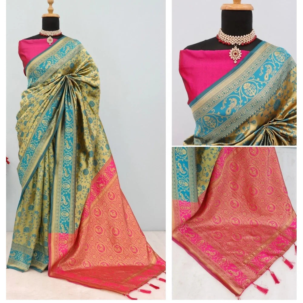 Women's Banarasi Printed Saree With Unstitched Blouse 5.5Mtr (Golden)