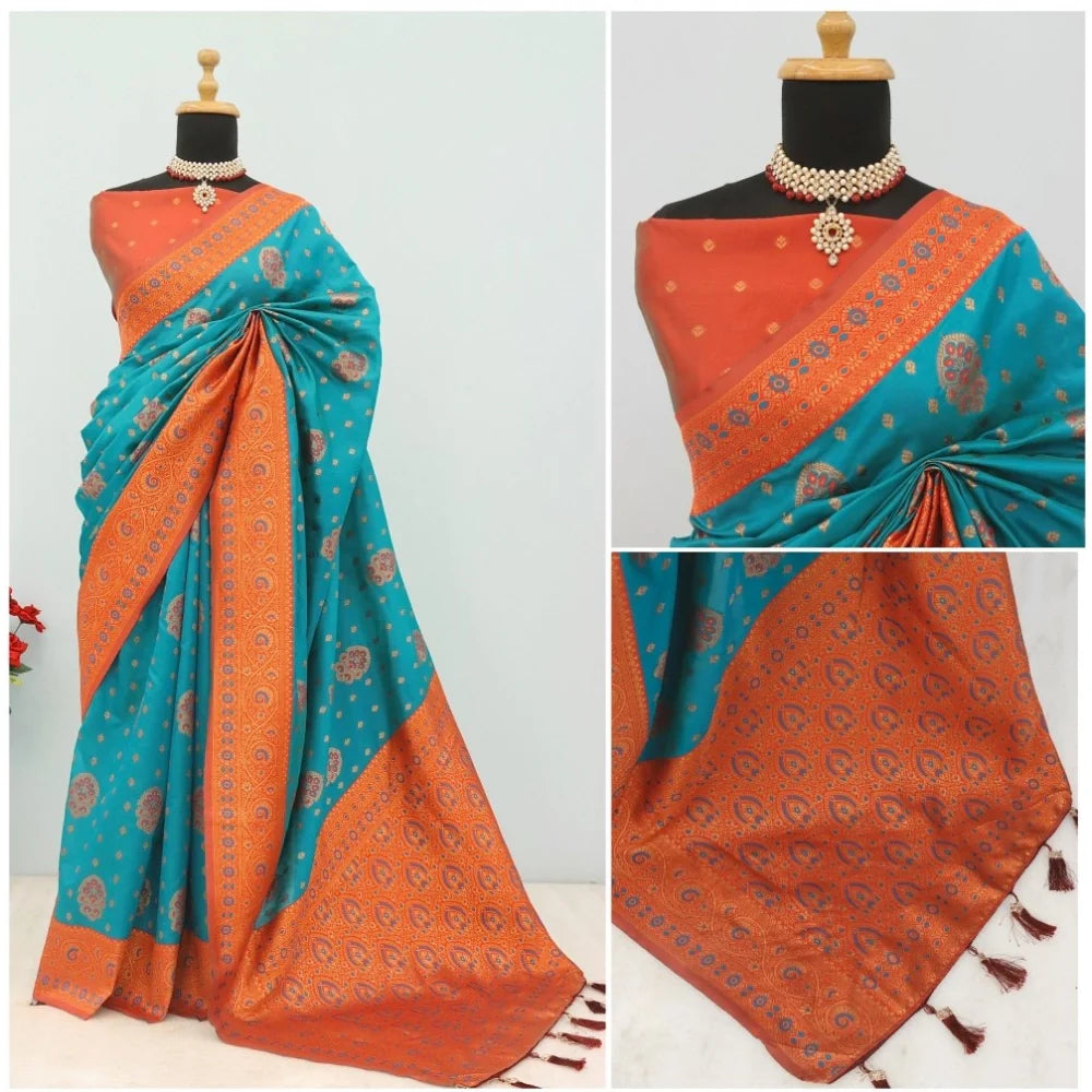Women's Banarasi Printed Saree With Unstitched Blouse 5.5Mtr (Rama)
