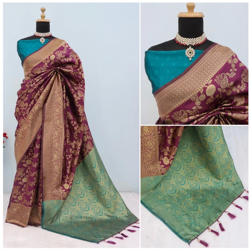 Women's Banarasi Printed Saree With Unstitched Blouse 5.5Mtr (Purple)