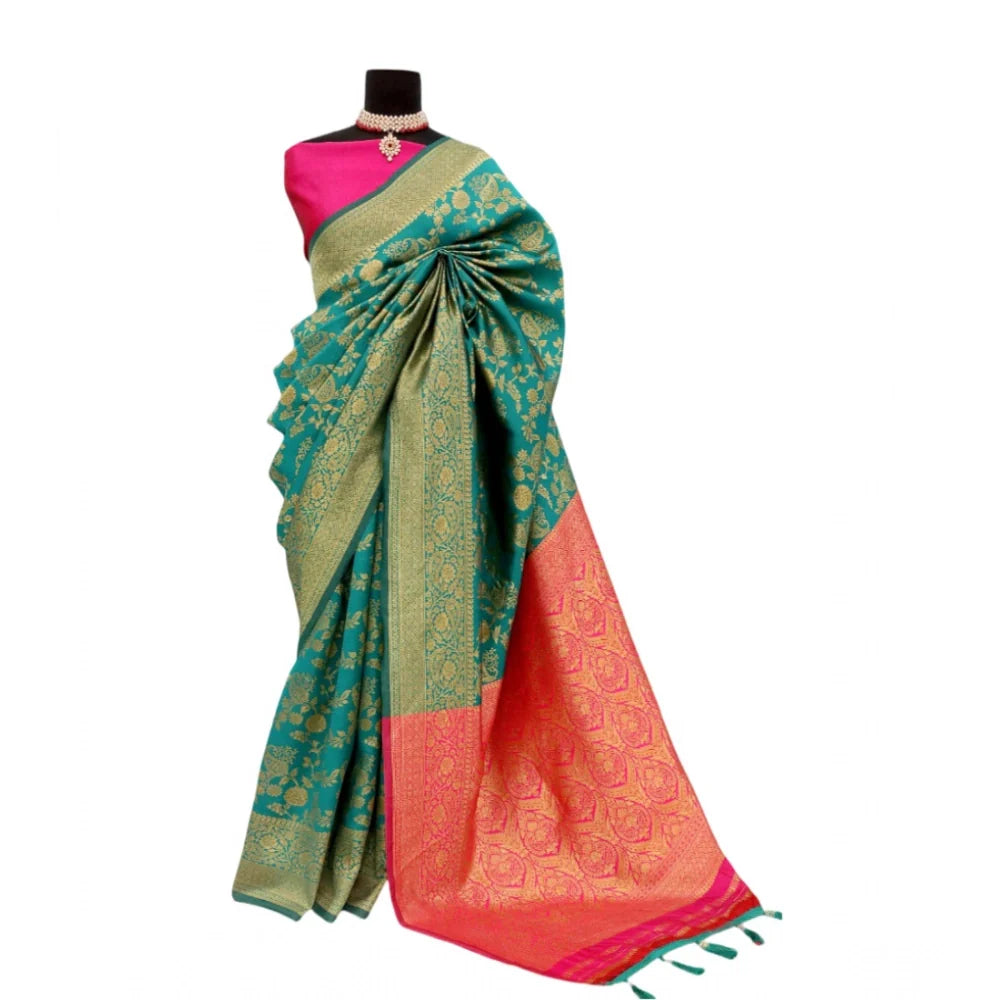 Women's Banarasi Printed Saree With Unstitched Blouse 5.5Mtr (Rama)