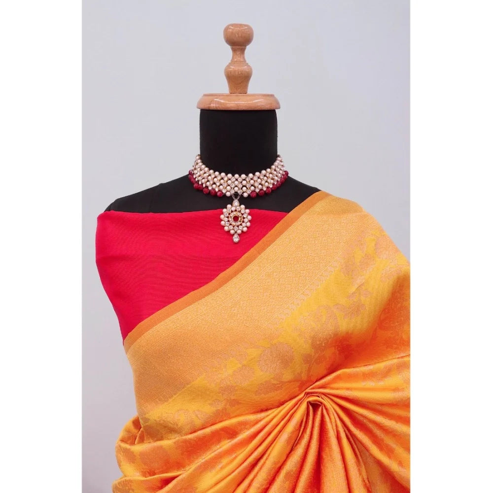 Women's Banarasi Printed Saree With Unstitched Blouse 5.5Mtr (Yellow)