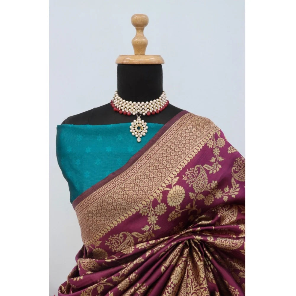 Women's Banarasi Printed Saree With Unstitched Blouse 5.5Mtr (Purple)