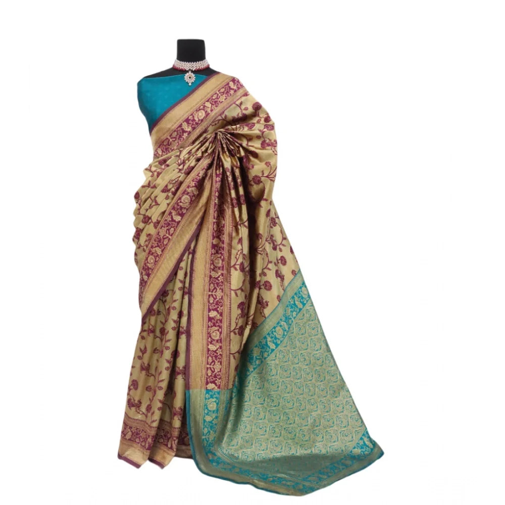 Women's Banarasi Printed Saree With Unstitched Blouse 5.5Mtr (Golden)