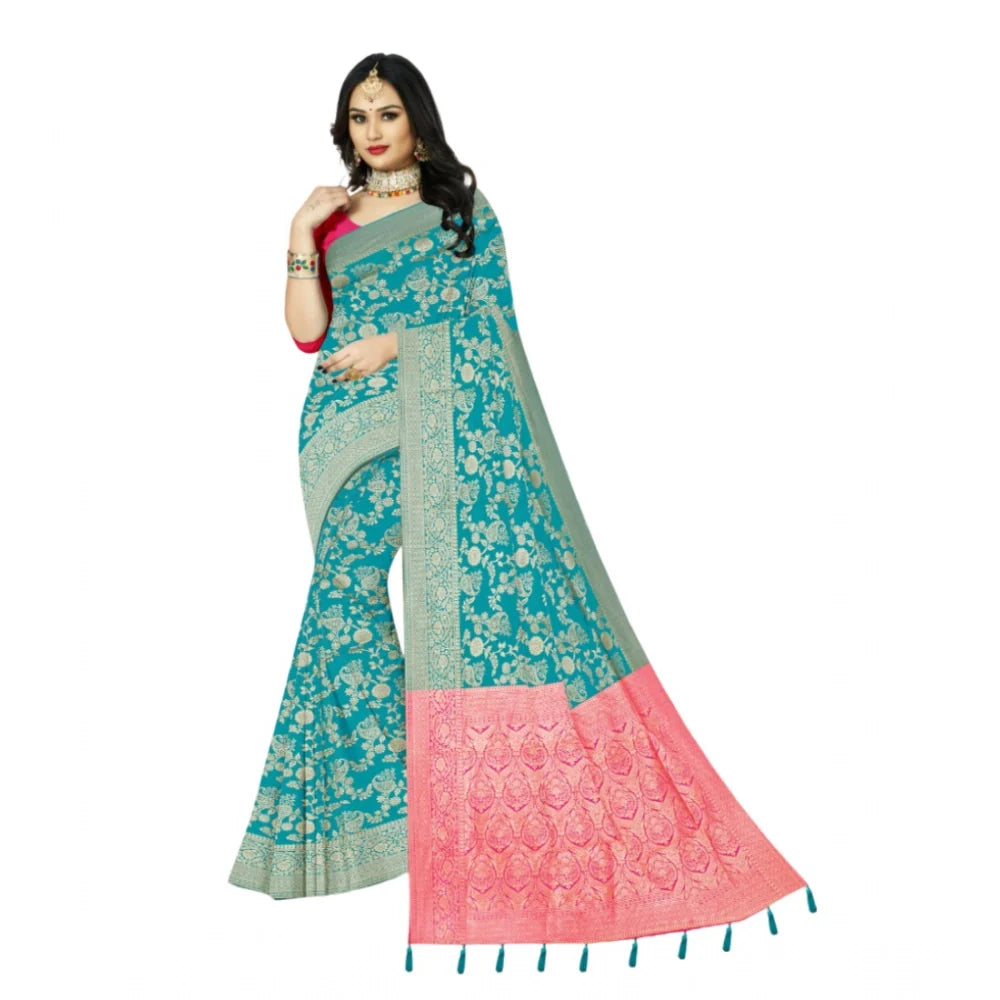 Women's Banarasi Printed Saree With Unstitched Blouse 5.5Mtr (Rama)