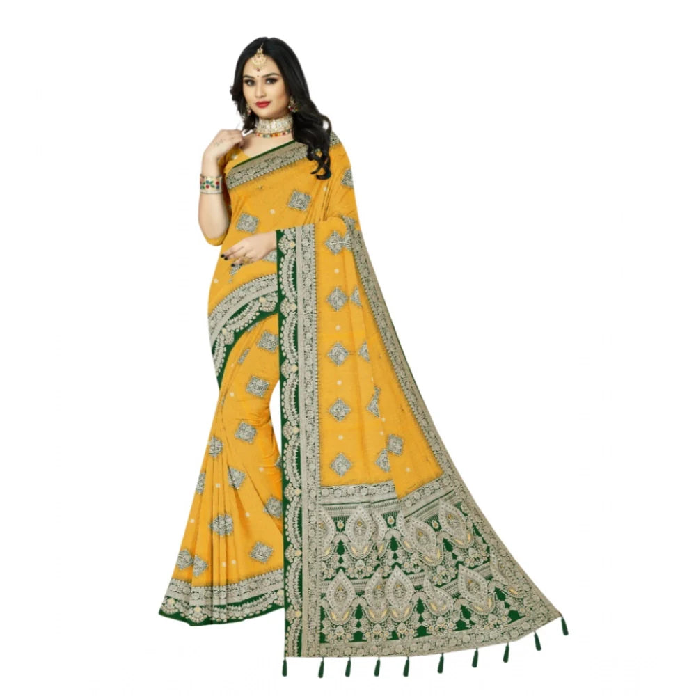 Women's Cotton Printed Saree With Unstitched Blouse 5.5Mtr (Yellow)