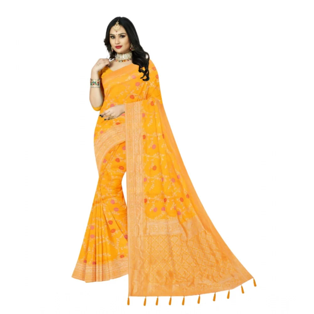 Women's Banarasi Printed Saree With Unstitched Blouse 5.5Mtr (Yellow)