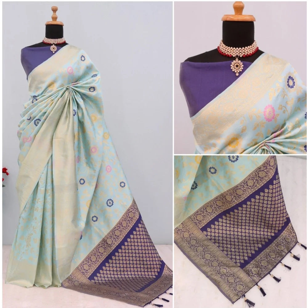 Women's Banarasi Printed Saree With Unstitched Blouse 5.5Mtr (Firozi)