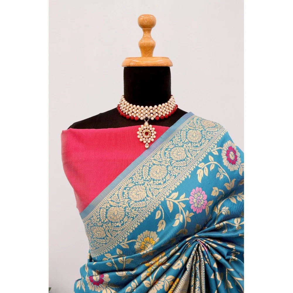 Women's Banarasi Printed Saree With Unstitched Blouse 5.5Mtr (Aqua Blue)
