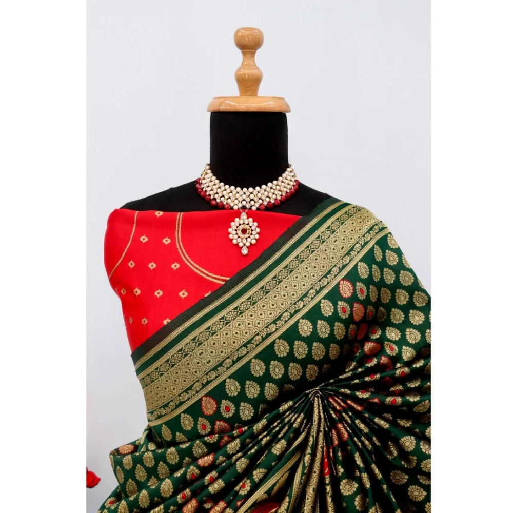 Women's Banarasi Printed Saree With Unstitched Blouse 5.5Mtr (Green)