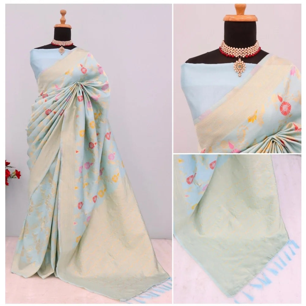 Women's Banarasi Printed Saree With Unstitched Blouse 5.5Mtr (Firozi)