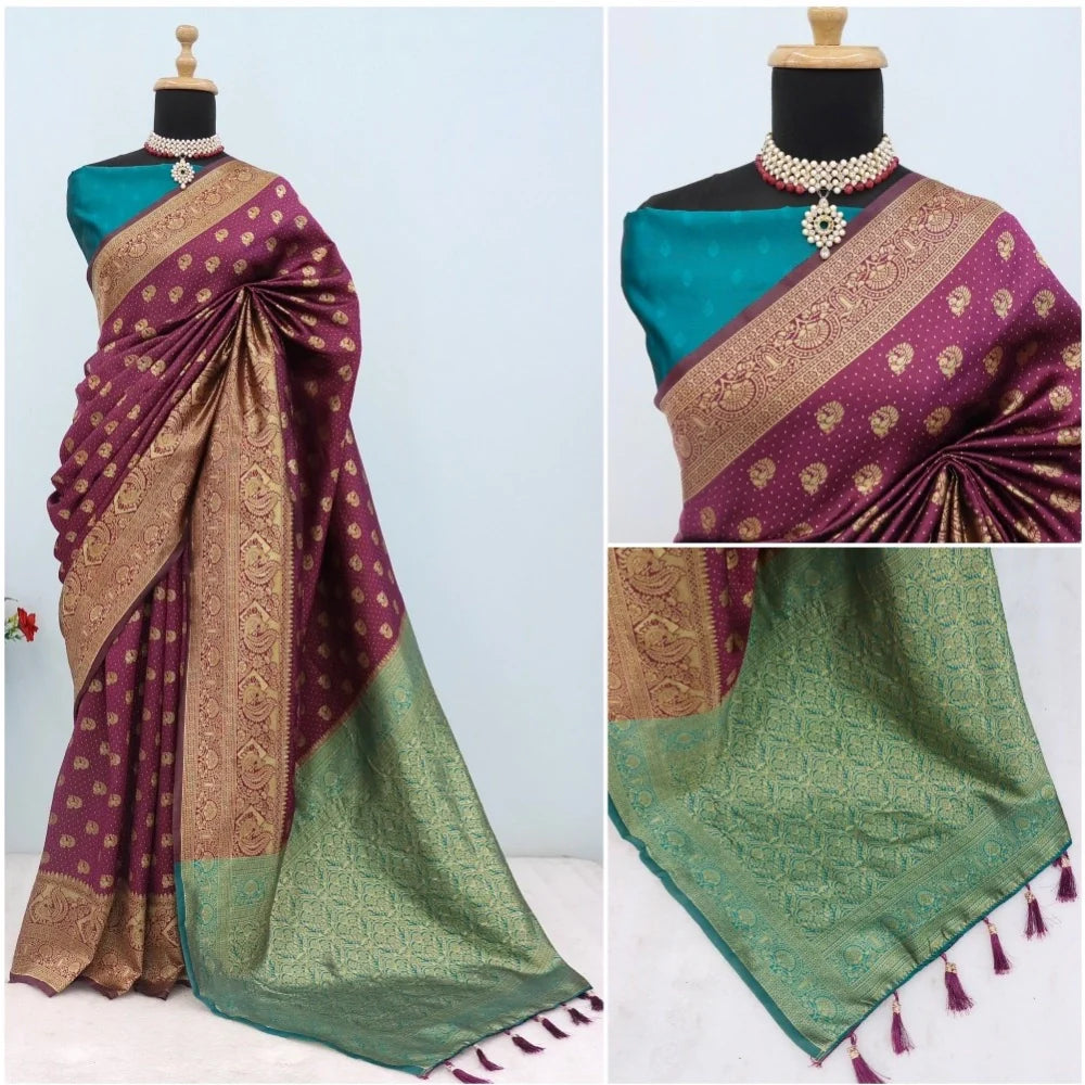 Women's Banarasi Printed Saree With Unstitched Blouse 5.5Mtr (Purple)