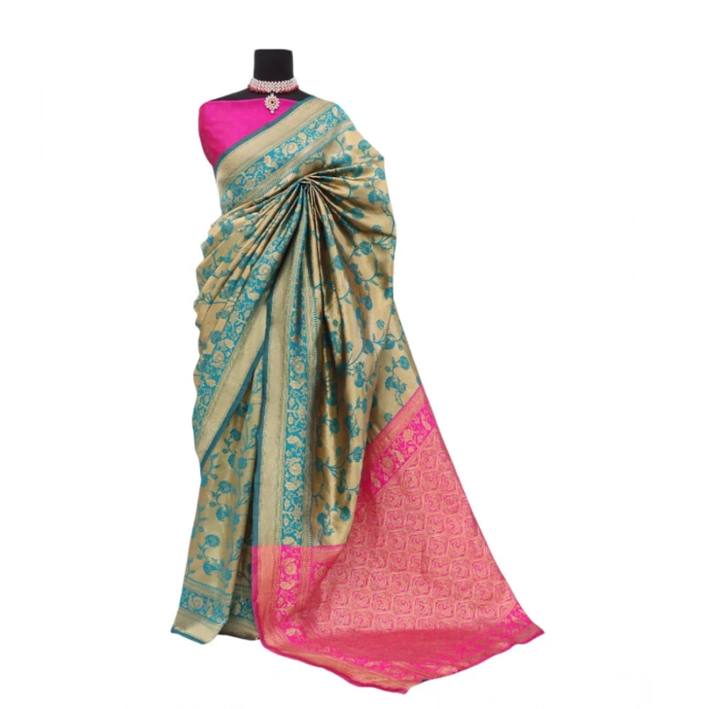 Women's Banarasi Printed Saree With Unstitched Blouse 5.5Mtr (Golden)