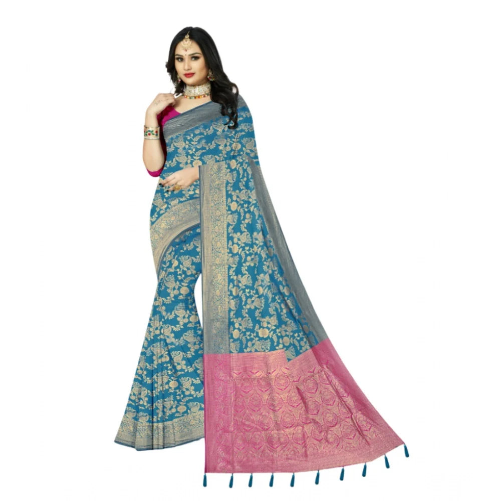 Women's Banarasi Printed Saree With Unstitched Blouse 5.5Mtr (Aqua Blue)