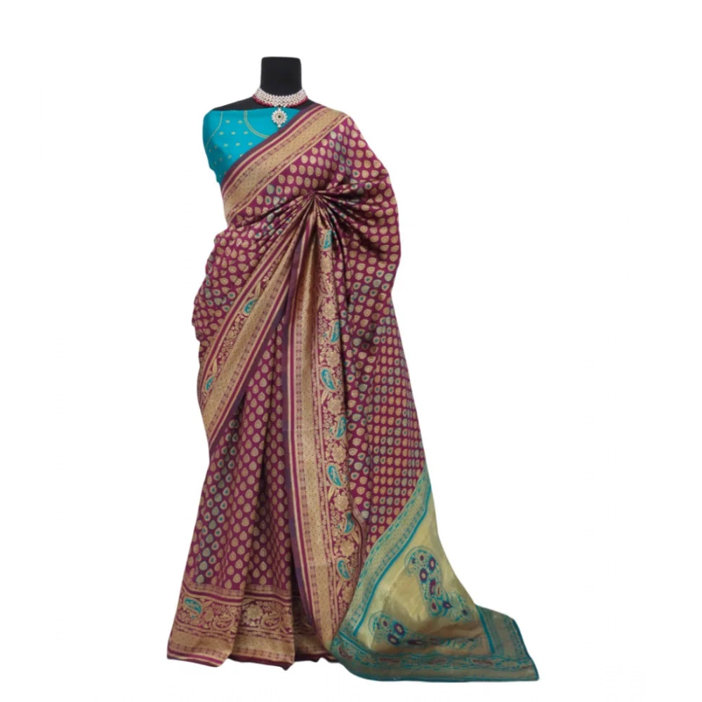 Women's Banarasi Printed Saree With Unstitched Blouse 5.5Mtr (Purple)