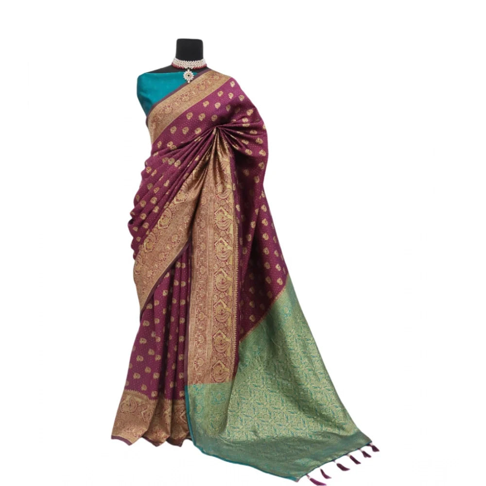 Women's Banarasi Printed Saree With Unstitched Blouse 5.5Mtr (Purple)