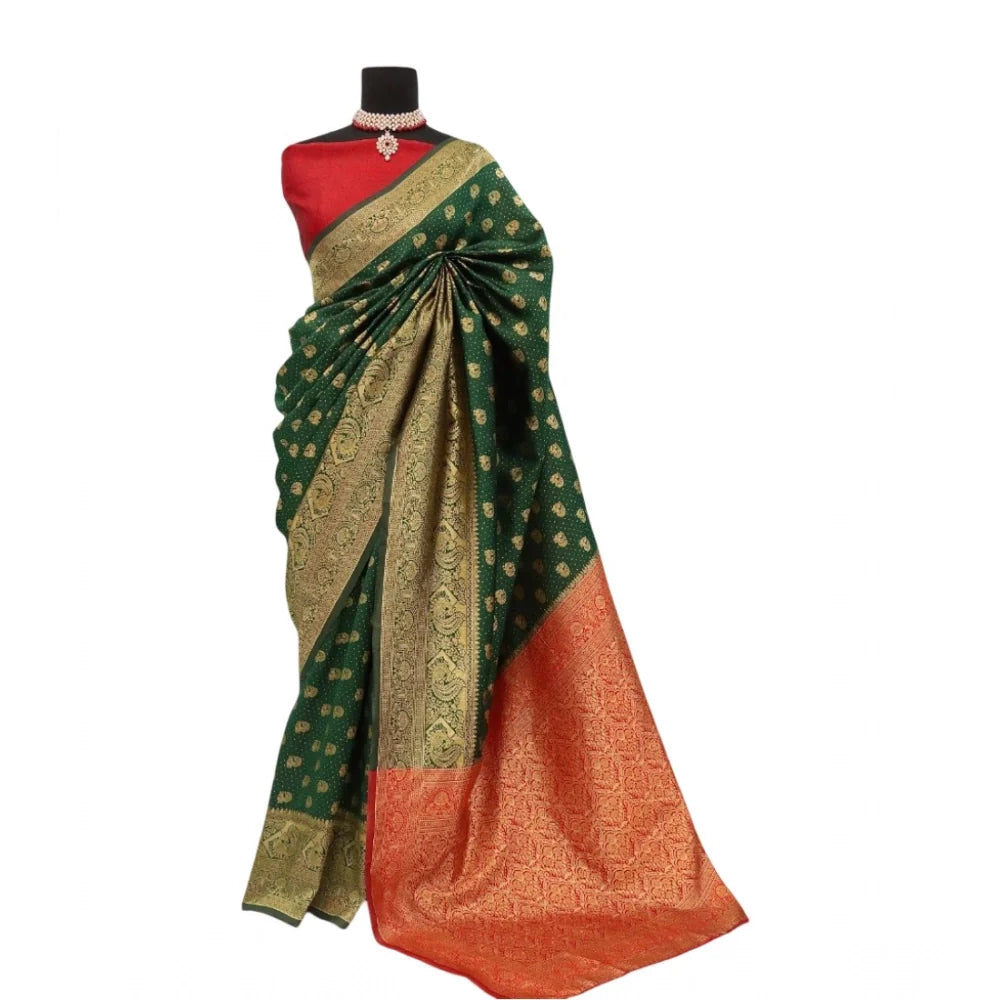 Women's Banarasi Printed Saree With Unstitched Blouse 5.5Mtr (Green)