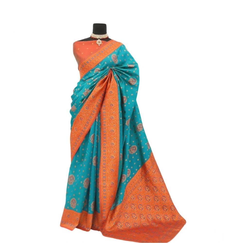Women's Banarasi Printed Saree With Unstitched Blouse 5.5Mtr (Rama)