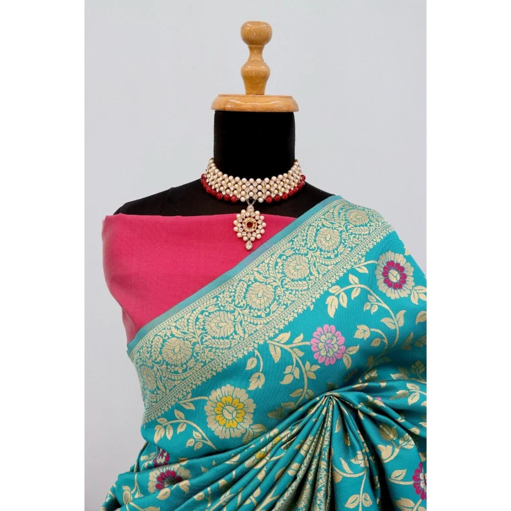 Women's Banarasi Printed Saree With Unstitched Blouse 5.5Mtr (Rama)