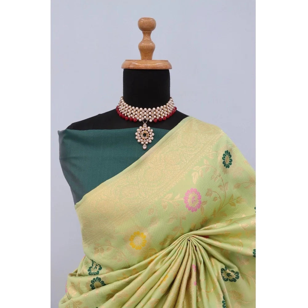 Women's Banarasi Printed Saree With Unstitched Blouse 5.5Mtr (Light Green)