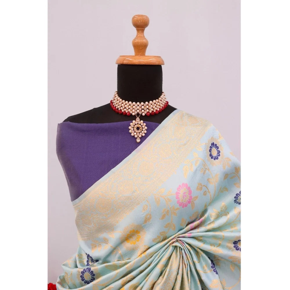 Women's Banarasi Printed Saree With Unstitched Blouse 5.5Mtr (Firozi)