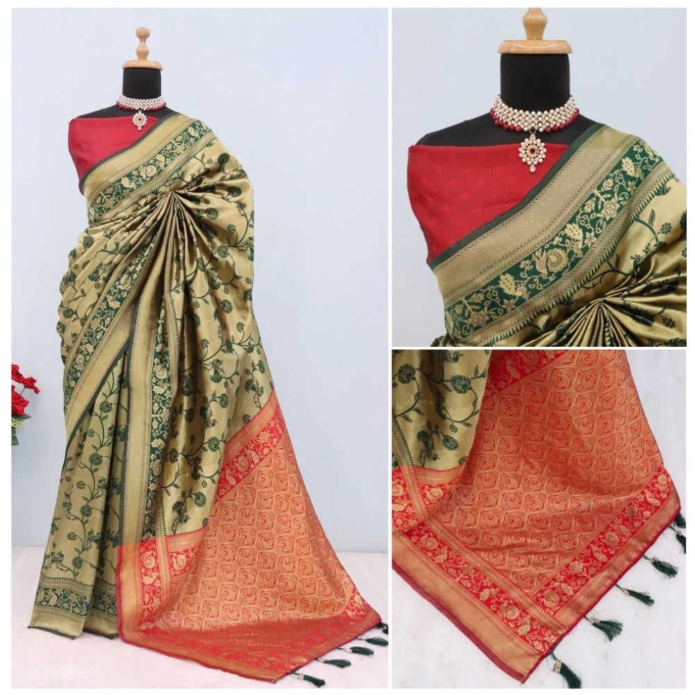 Women's Banarasi Printed Saree With Unstitched Blouse 5.5Mtr (Golden)