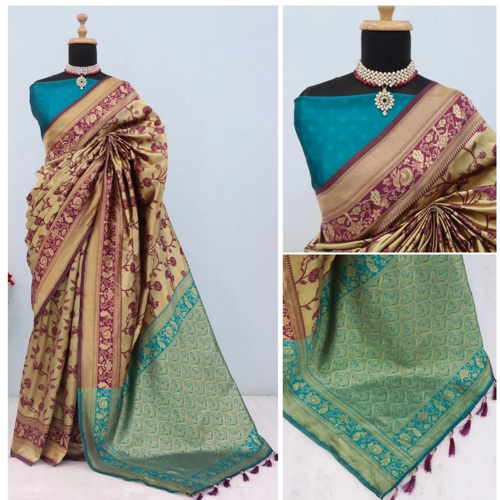 Women's Banarasi Printed Saree With Unstitched Blouse 5.5Mtr (Goldan)