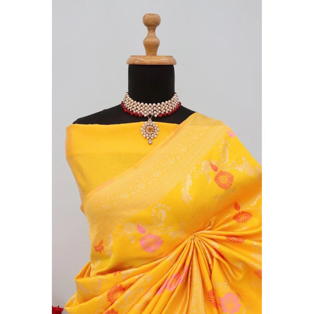 Women's Banarasi Printed Saree With Unstitched Blouse 5.5Mtr (Yellow)