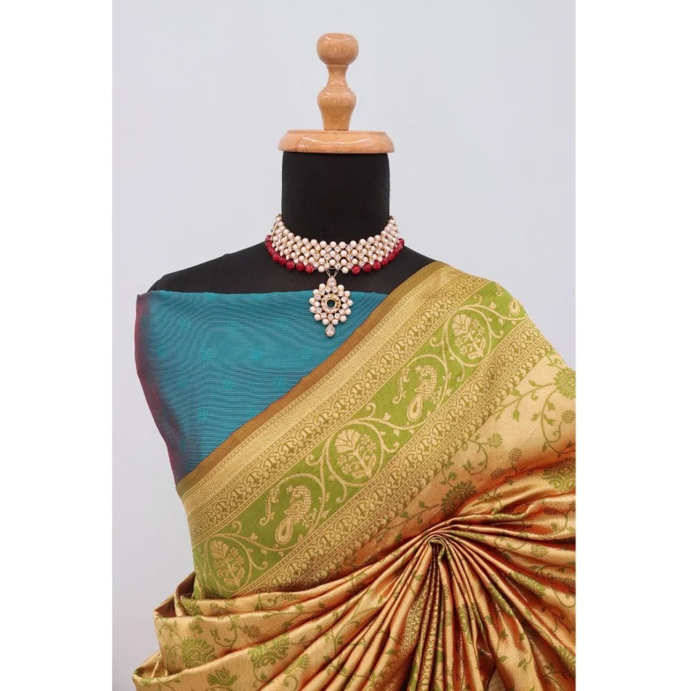 Women's Banarasi Printed Saree With Unstitched Blouse 5.5Mtr (Golden)