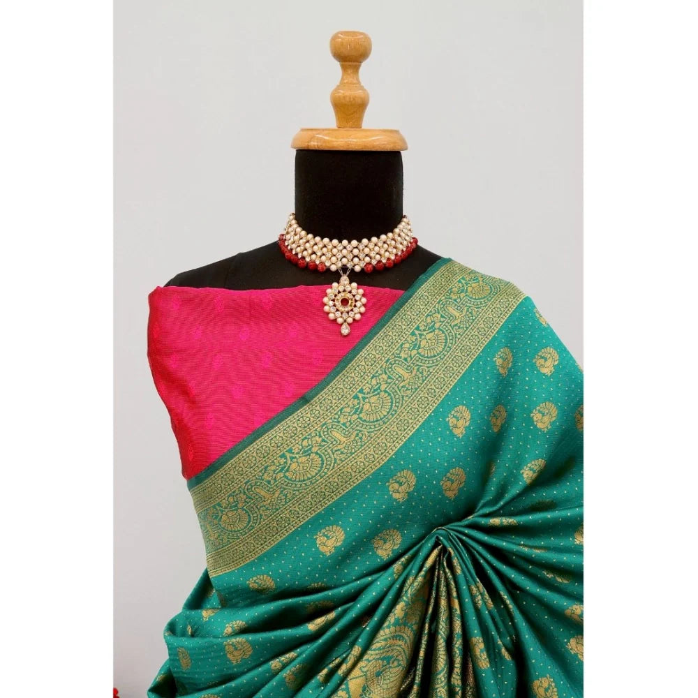 Women's Banarasi Printed Saree With Unstitched Blouse 5.5Mtr (Rama)