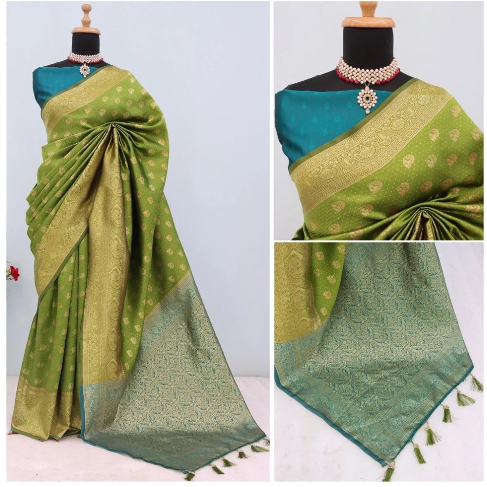 Women's Banarasi Printed Saree With Unstitched Blouse 5.5Mtr (Mehendi Green)