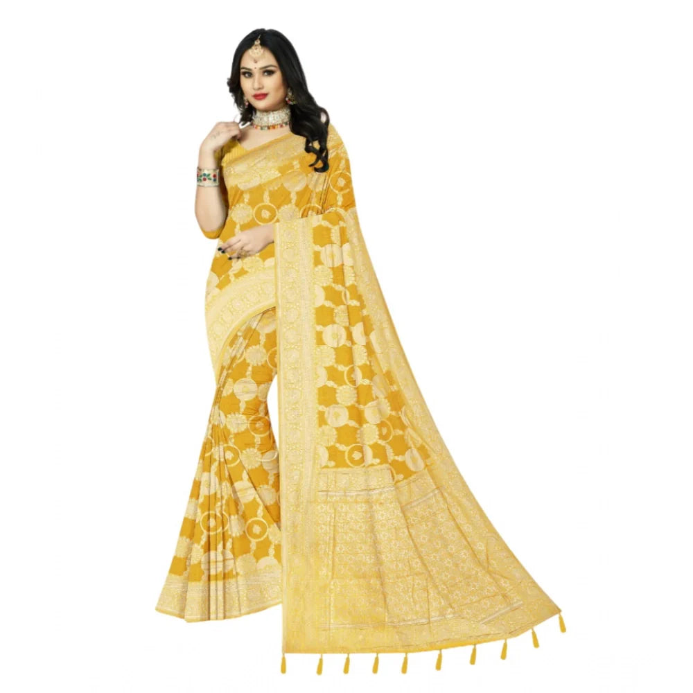 Women's Cotton Printed Saree With Unstitched Blouse 5.5Mtr (Yellow)
