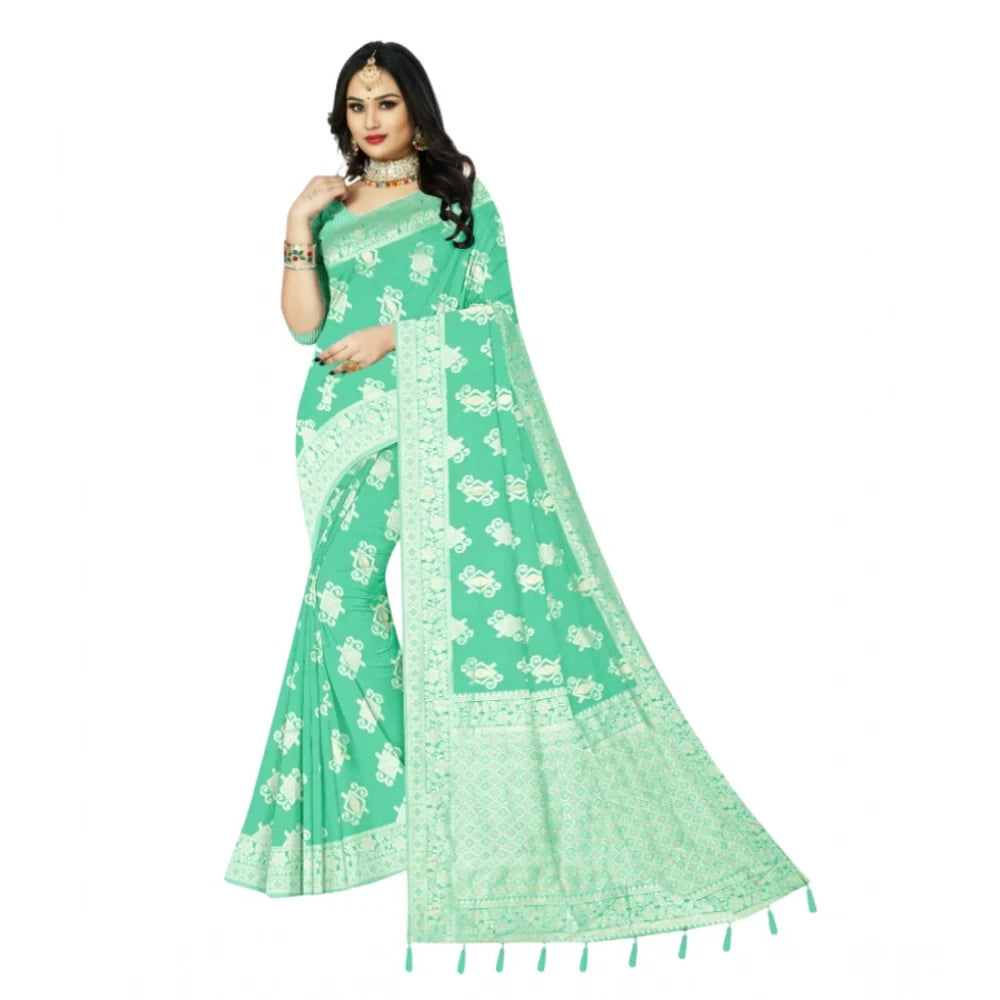 Women's Cotton Printed Saree With Unstitched Blouse 5.5Mtr (Rama)