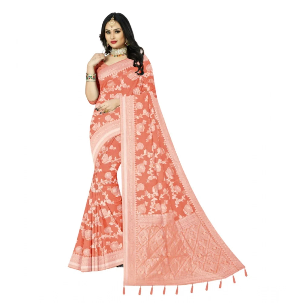 Women's Cotton Printed Saree With Unstitched Blouse 5.5Mtr (Orange)