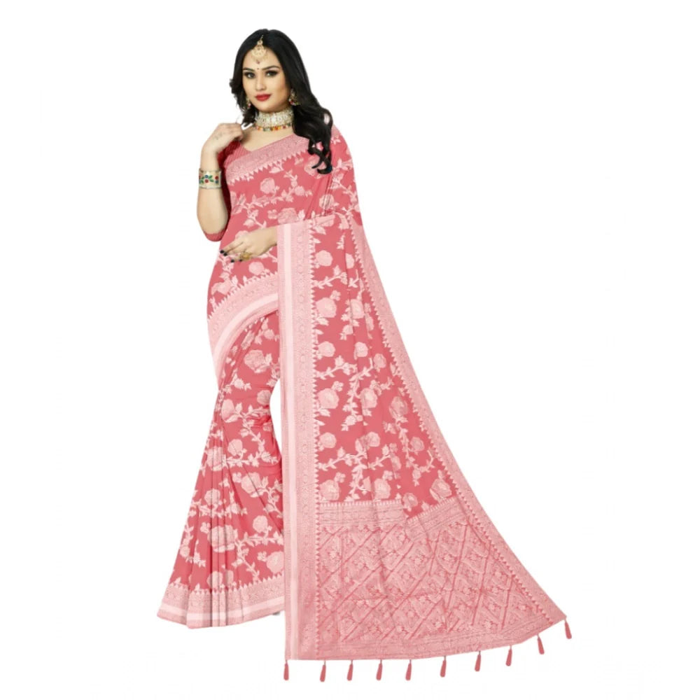 Women's Cotton Printed Saree With Unstitched Blouse 5.5Mtr (Peach)