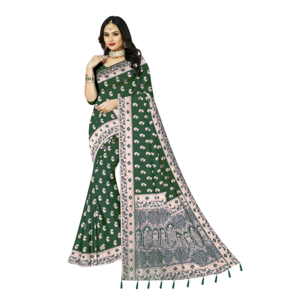 Women's Satin Printed Saree With Unstitched Blouse 5.5Mtr (Green)