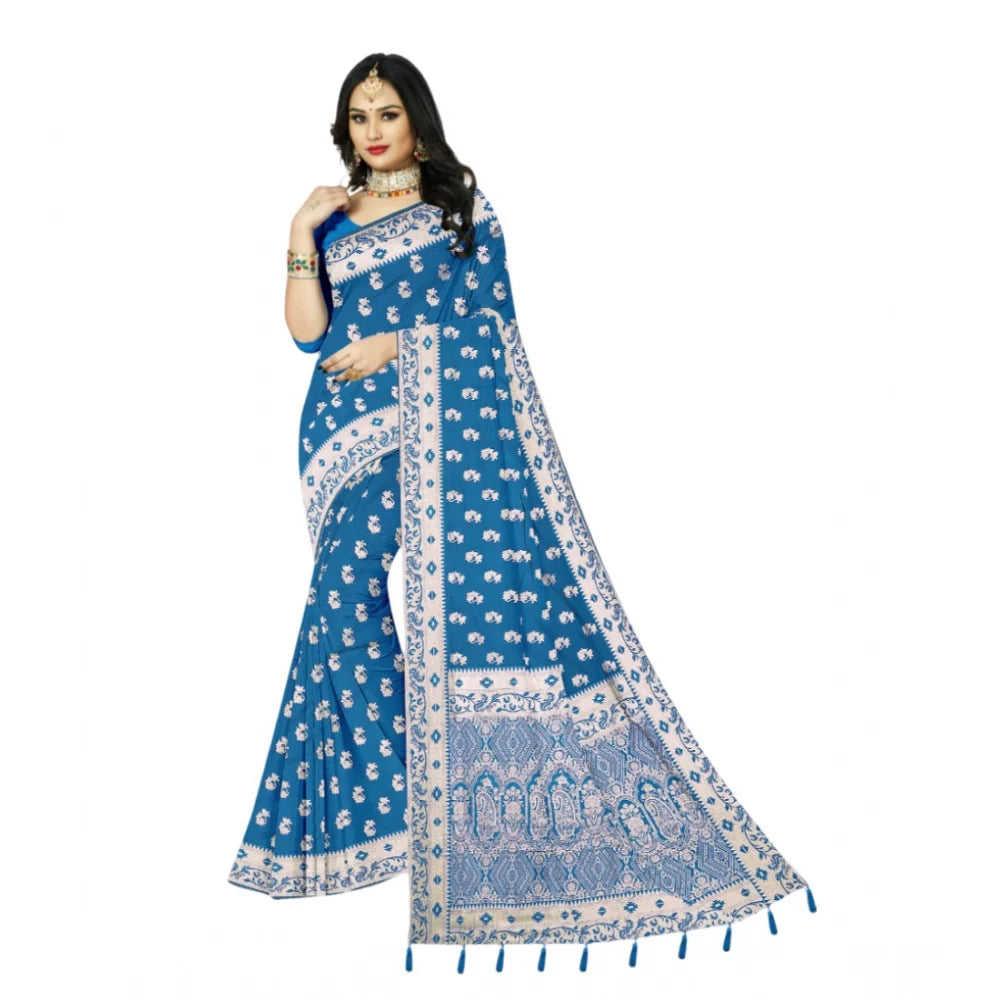 Women's Satin Printed Saree With Unstitched Blouse 5.5Mtr (Aqua Blue)