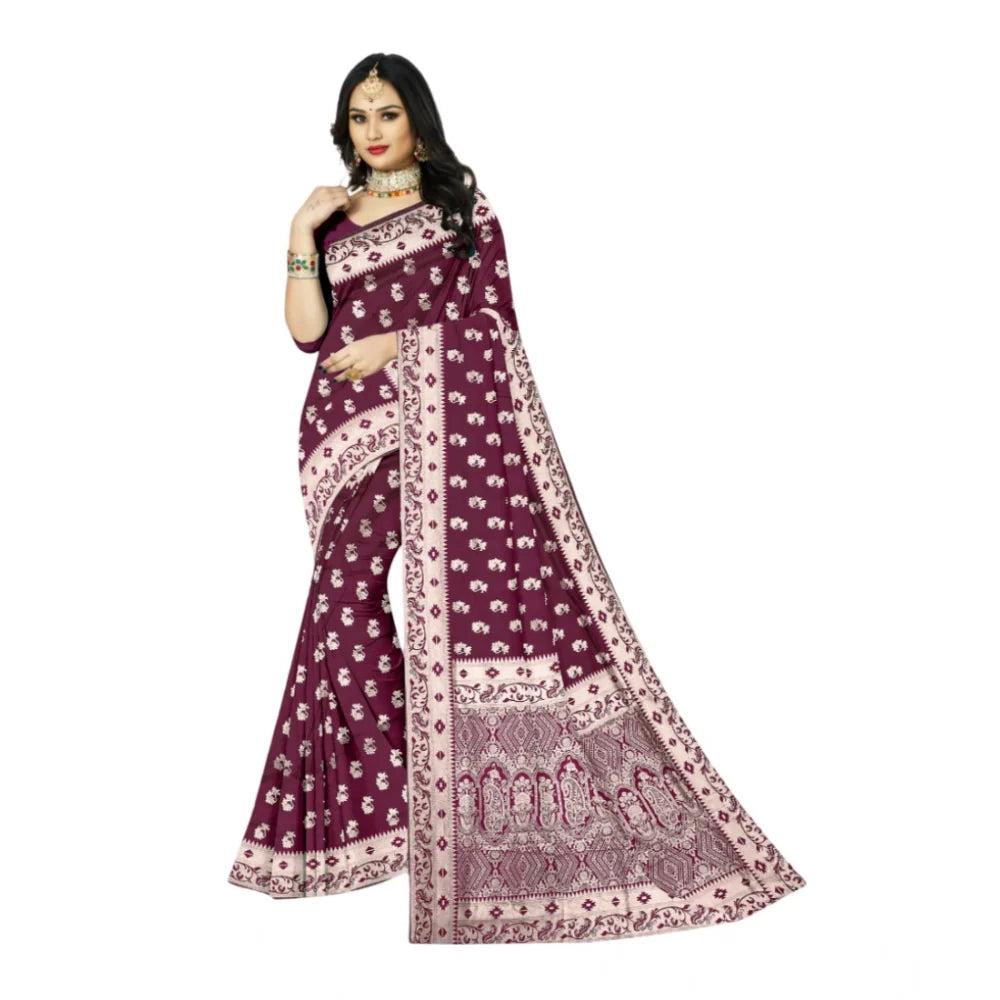 Women's Satin Printed Saree With Unstitched Blouse 5.5Mtr (Brown)