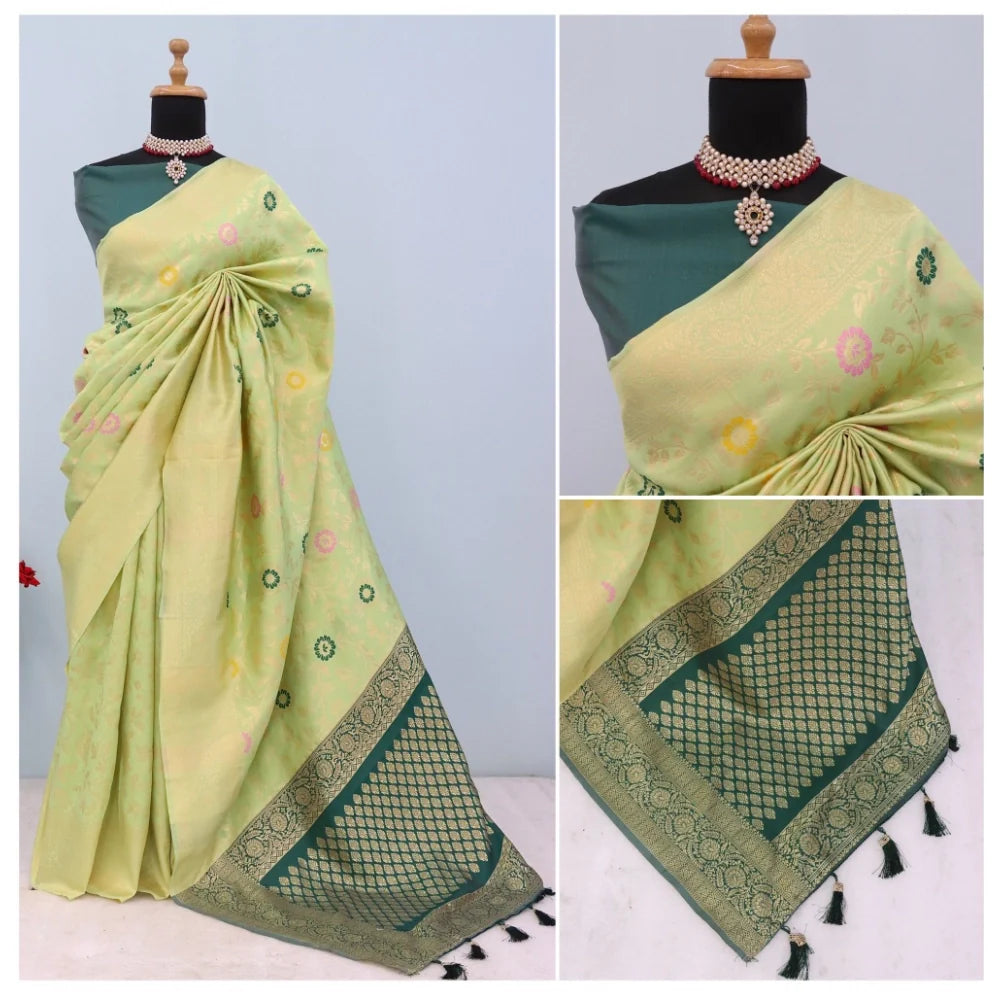 Women's Banarasi Printed Saree With Unstitched Blouse 5.5Mtr (Light Green)