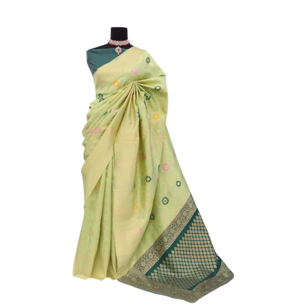 Women's Banarasi Printed Saree With Unstitched Blouse 5.5Mtr (Light Green)
