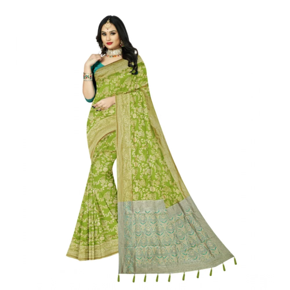 Women's Banarasi Printed Saree With Unstitched Blouse 5.5Mtr (Mehndi)