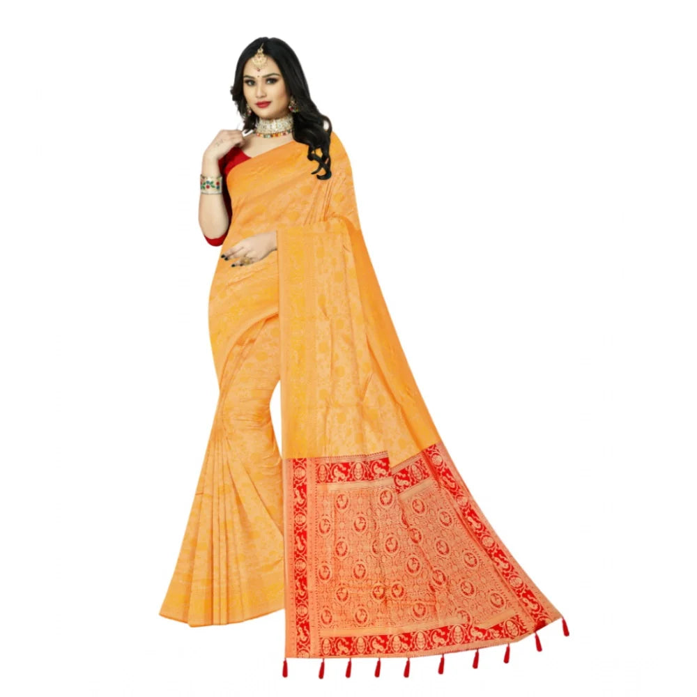 Women's Banarasi Printed Saree With Unstitched Blouse 5.5Mtr (Yellow)