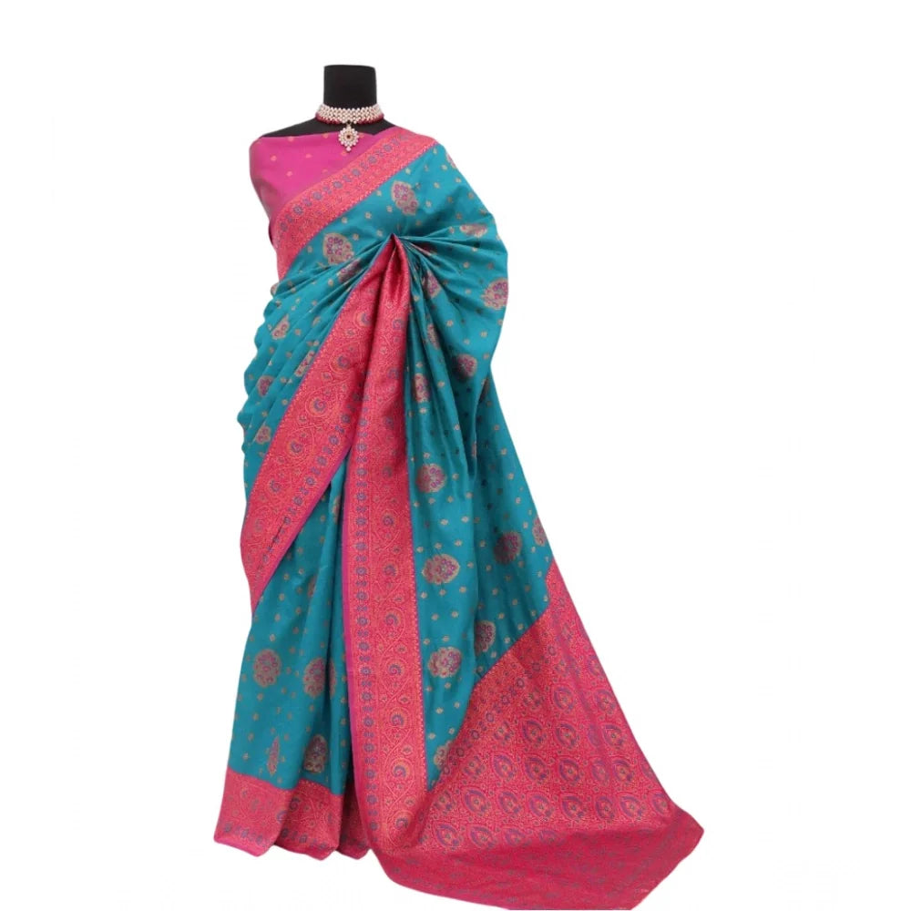 Women's Banarasi Printed Saree With Unstitched Blouse 5.5Mtr (Aqua Blue)