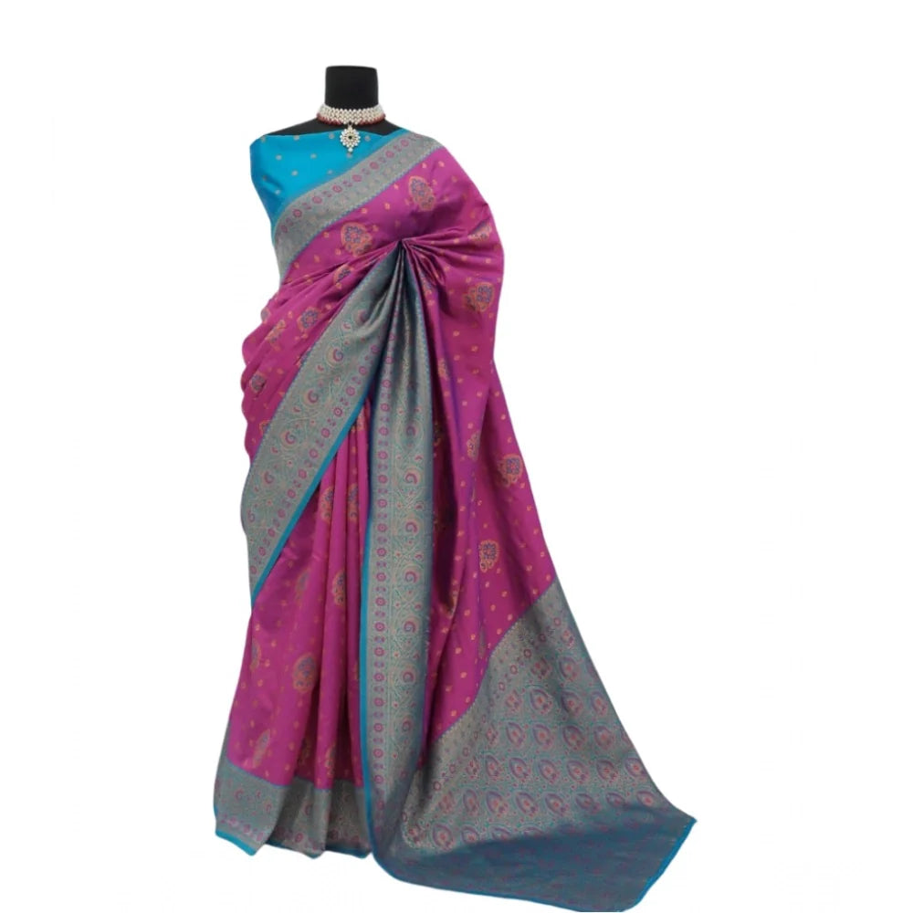Women's Banarasi Printed Saree With Unstitched Blouse 5.5Mtr (Purple)