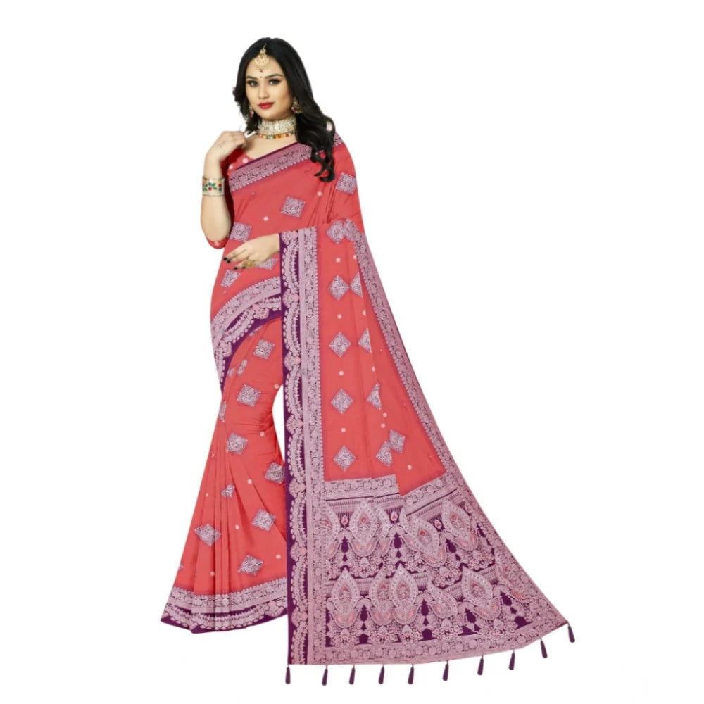 Women's Cotton Printed Saree With Unstitched Blouse 5.5Mtr (Peach)