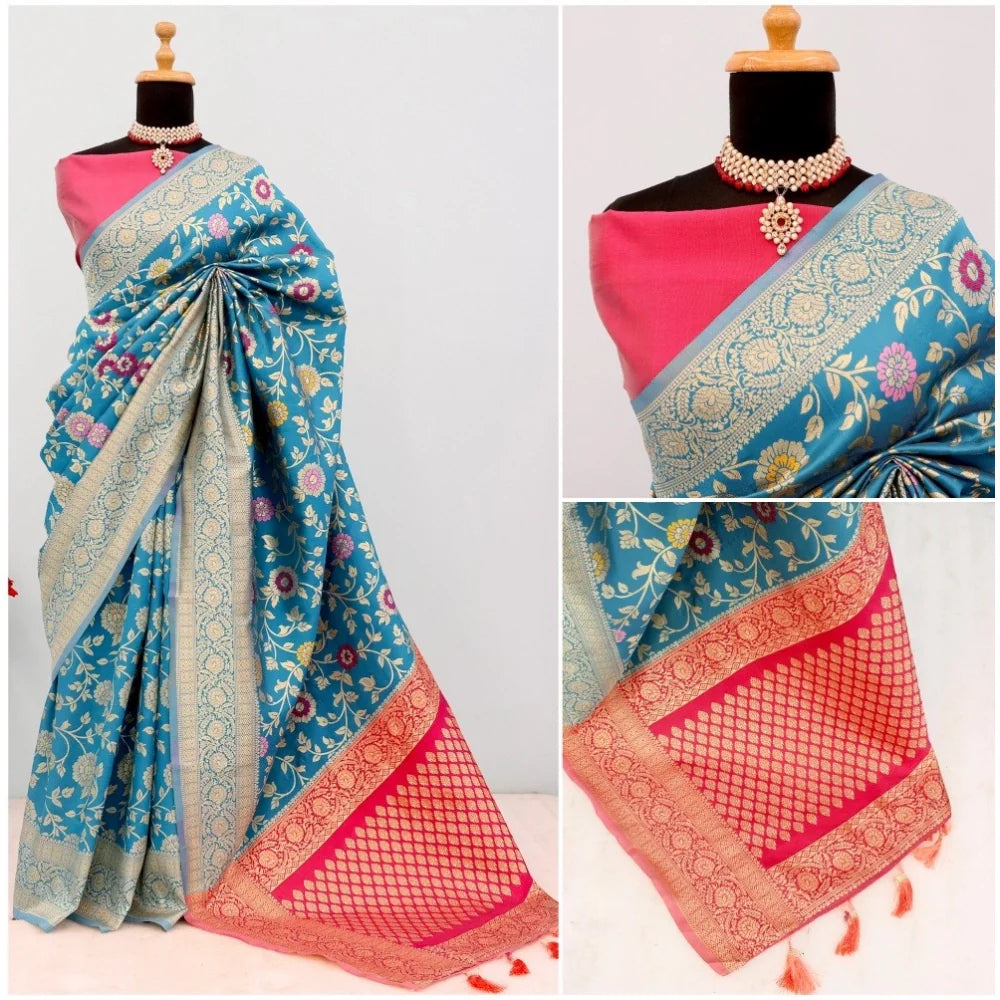 Women's Banarasi Printed Saree With Unstitched Blouse 5.5Mtr (Aqua Blue)